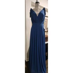 Monique Lhuillier Bridesmaid Dress‎ 6 Blue Ruched V Full Length Formal Wedding